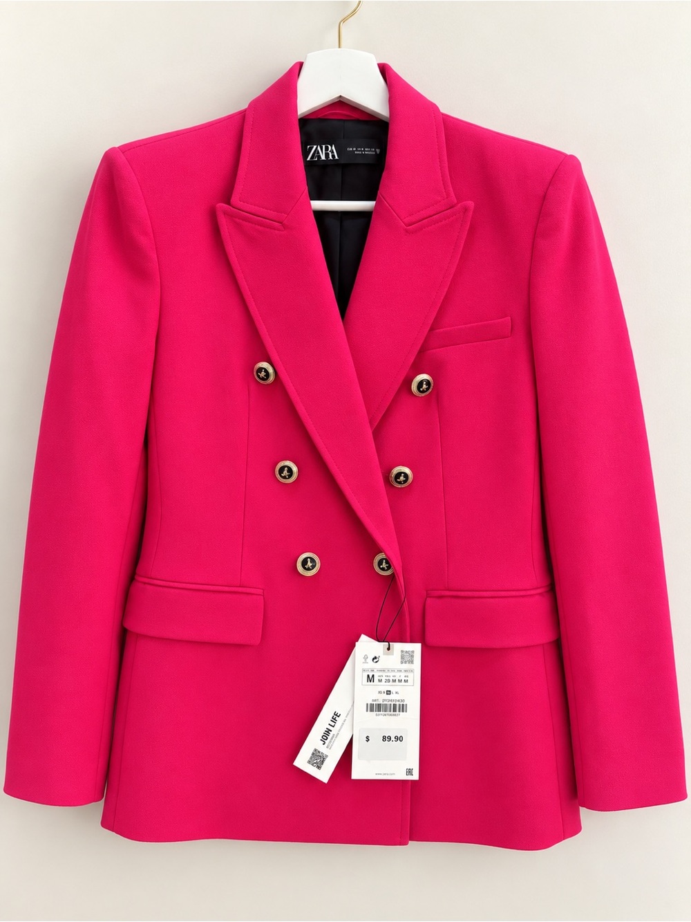 Zara Bright Fuchsia Double-Breasted Blazer with Gold Buttons